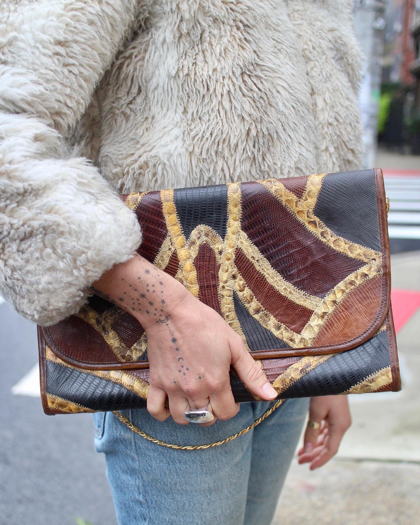 Vintage Varon Bag Snakeskin Purse Brown Diagonal Stripes 